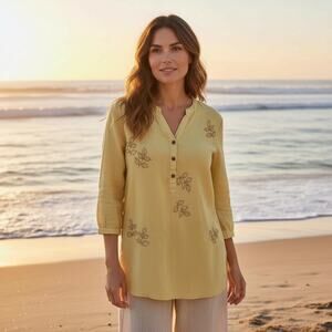 Utsa Embroidered Cotton Tunic Sz L Indie Ethnic Lagenlook Butter Yellow